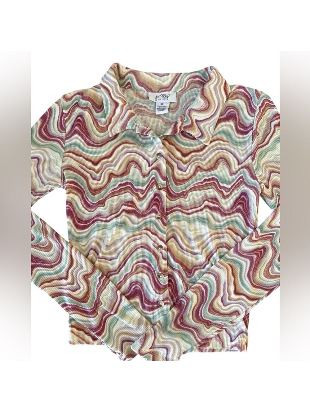 Just Polly NY Swirl Print Mesh Top XS Y2K Button Front Retro Wavy Top